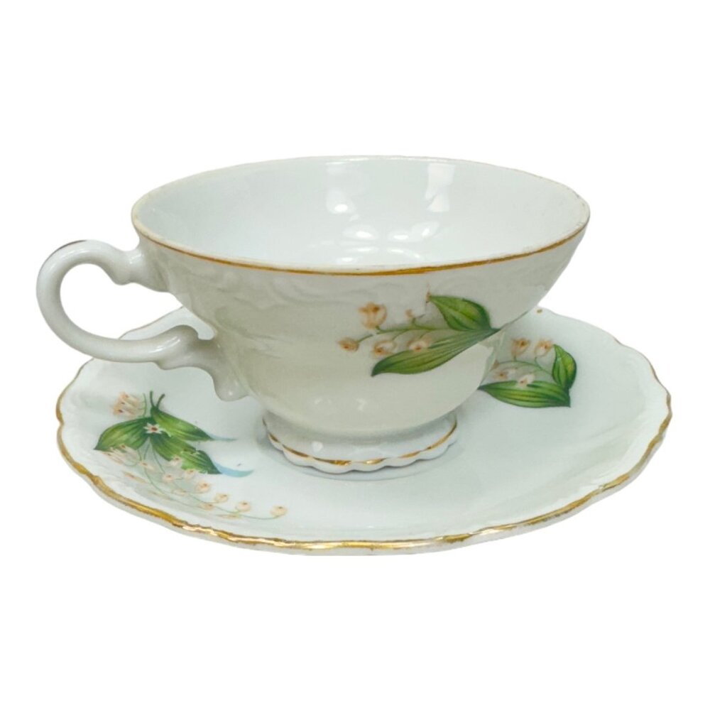 Vintage Lily of the Valley  Pedestal Tea Cup & Saucer Gold Trim Made in Japan